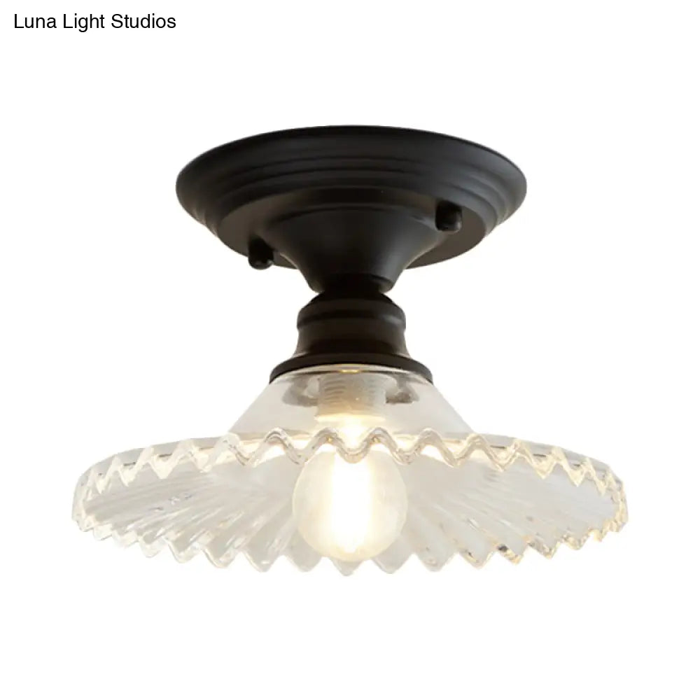 Scalloped Semi Flush Industrial Clear/Green Ribbed Glass Lighting Fixture For Indoor Spaces - One