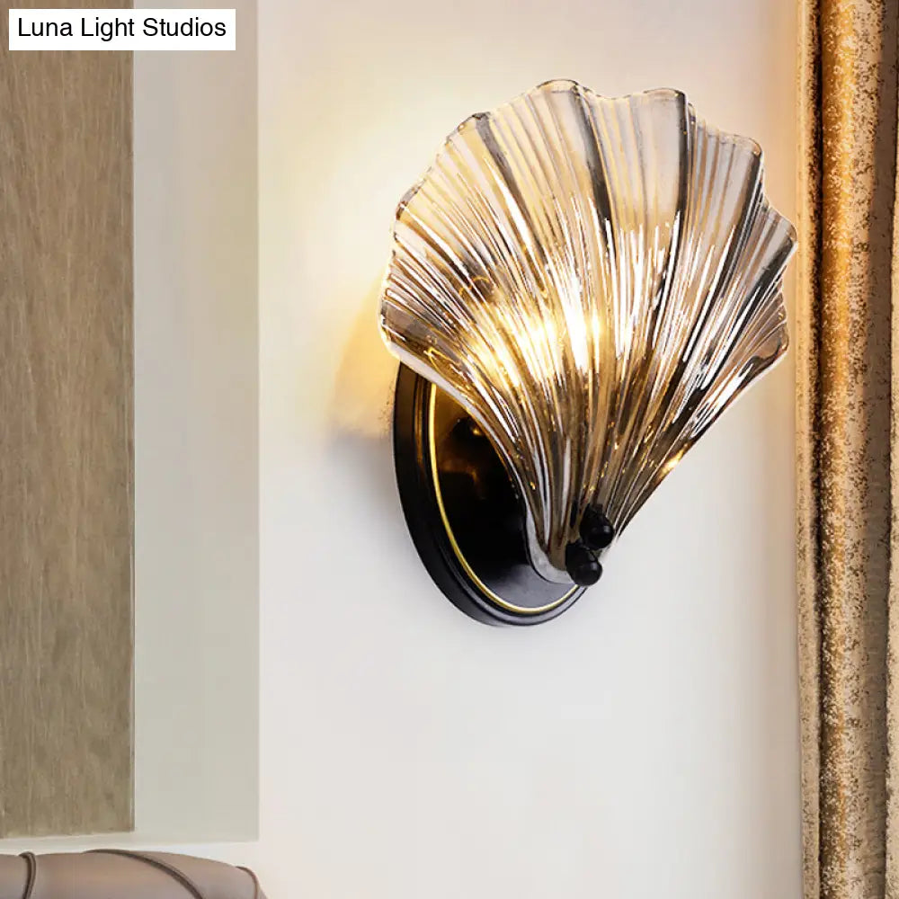 Scalloped Shell Wall Lamp In Country Style - Black/Gold Ribbed Glass Sconce Lighting