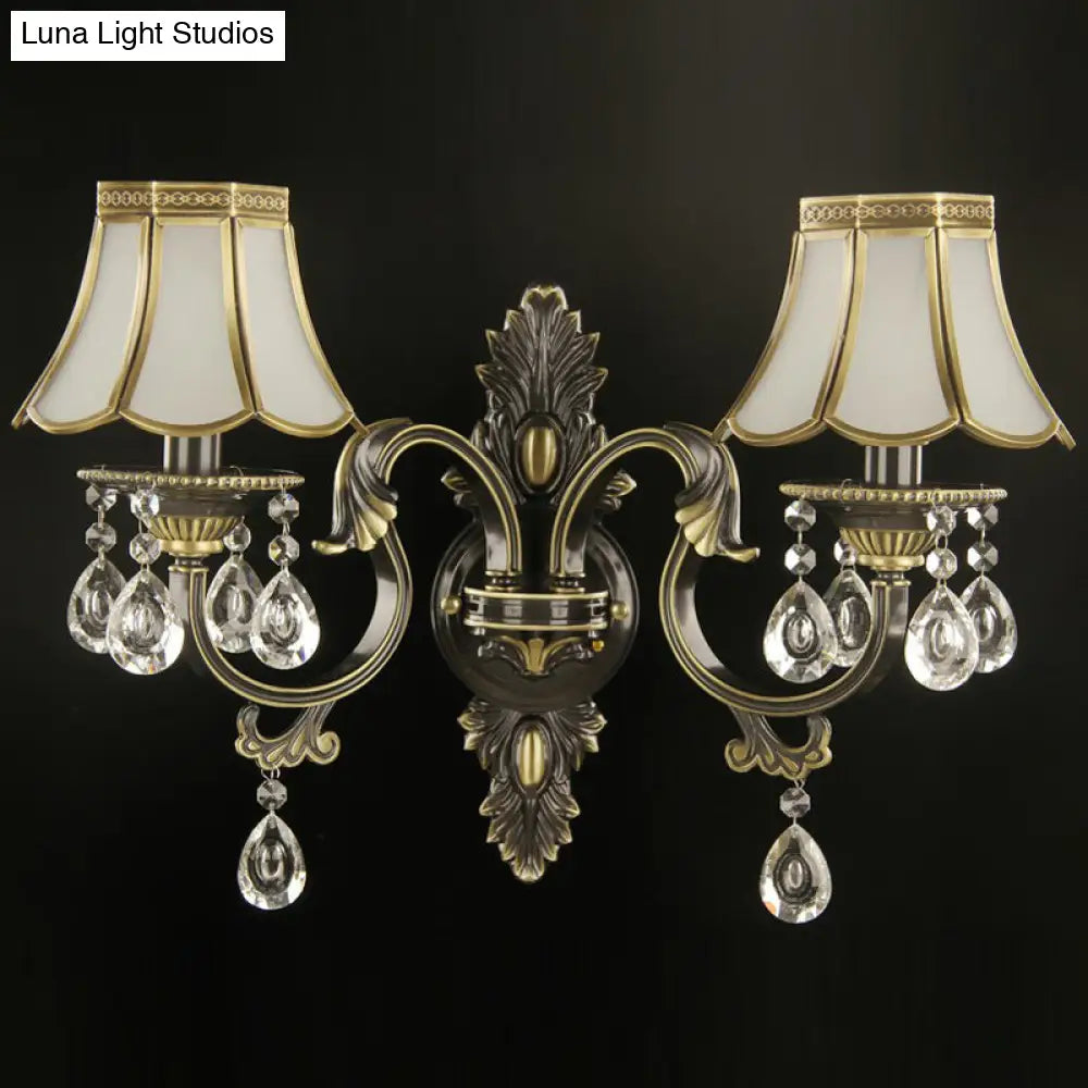 Scalloped Wall Light Traditional Gold-Black Opal Glass Sconce With Crystal Decorations (2 Heads)