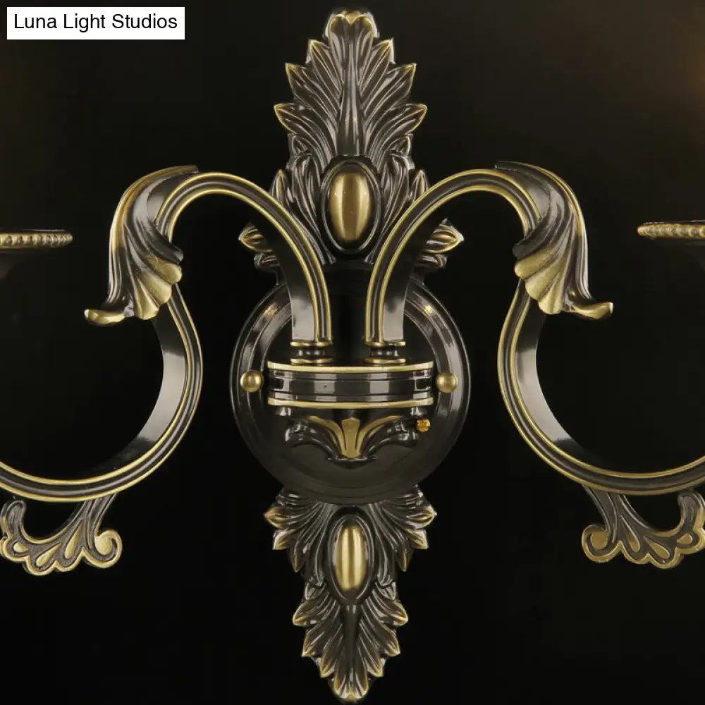 Scalloped Wall Light Traditional Gold-Black Opal Glass Sconce With Crystal Decorations (2 Heads)