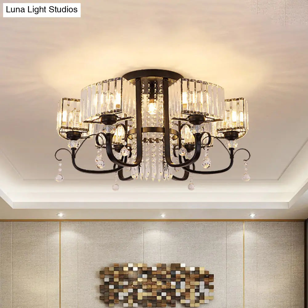 Semi Flush Black Metal Ceiling Lamp With Crystal Cuboid Shade - Swirling Arm 3/7 Heads