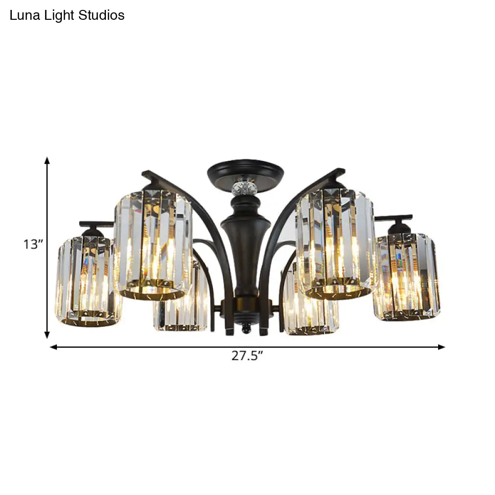 Semi Flush Clear Crystal Cylindrical Shade Light Fixture - 3/6 Bulbs Modern Design Black Ceiling