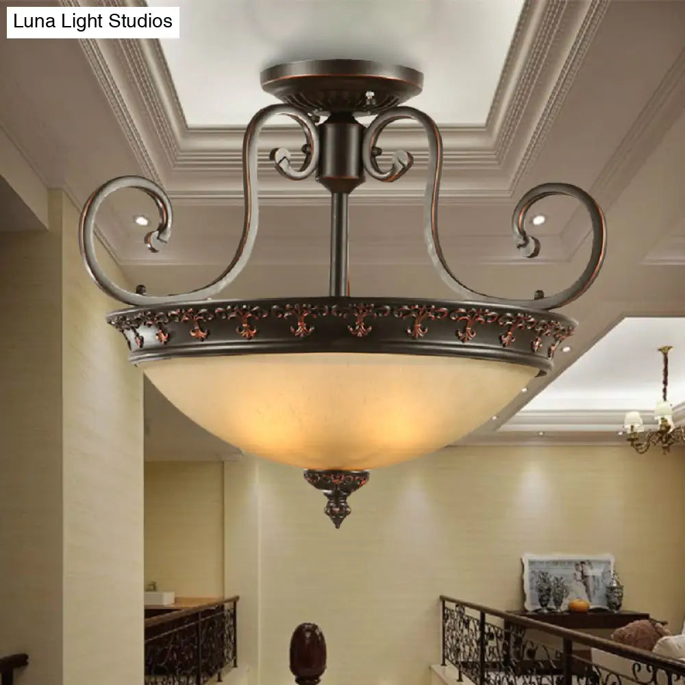Semi Flush Corridor Ceiling Lamp With Frosted Glass Bowl Shade Traditional Brown 3-Light