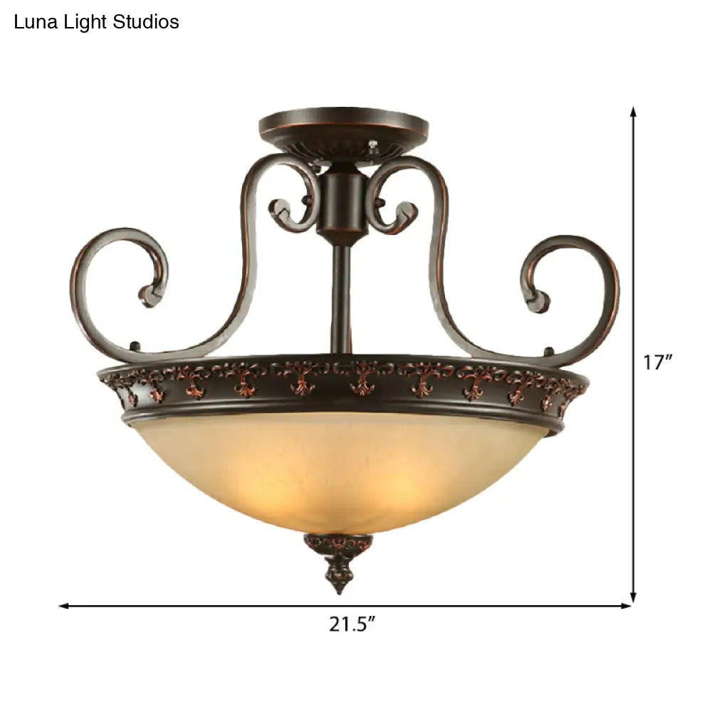 Semi Flush Corridor Ceiling Lamp With Frosted Glass Bowl Shade Traditional Brown 3-Light