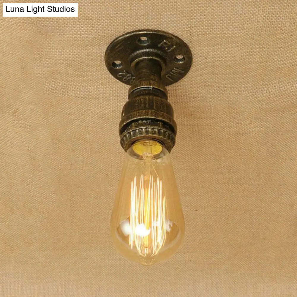 Semi Flush Industrial Rustic Ceiling Lamp - Open Bulb Iron Head In Bronze/Antique Brass For