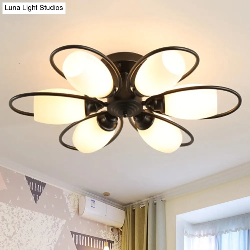 Semi Flush Mount Traditional Flower Shaped Ceiling Light: 3/6/8 Lights White Glass Black Ideal For