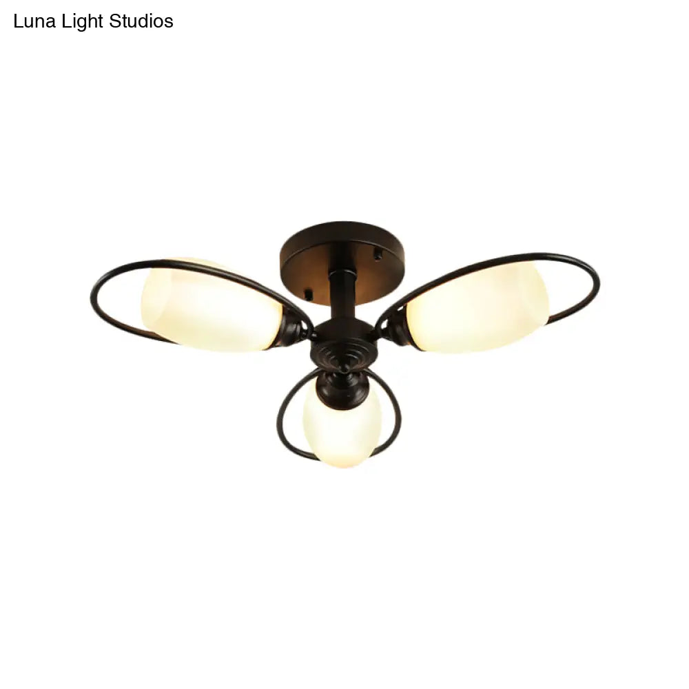 Semi Flush Mount Traditional Flower Shaped Ceiling Light: 3/6/8 Lights White Glass Black Ideal For