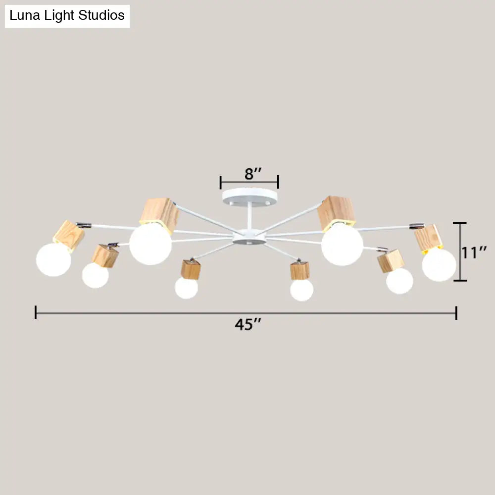 Semi-Flush Open Bulb Ceiling Light With Square Loft Style Design - 3/5 Heads Wood Metallic Mount