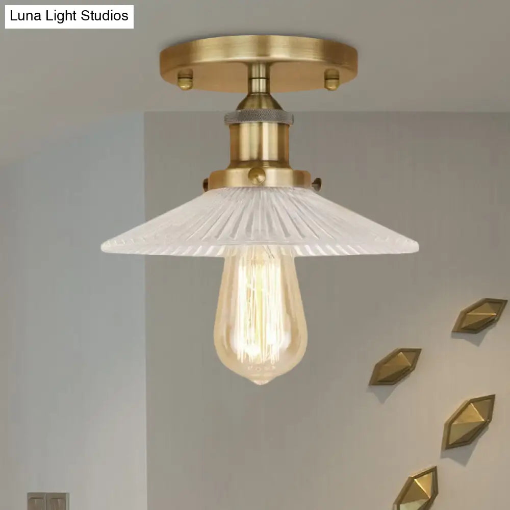 Semi Mount Ribbed Glass Cone Ceiling Light In Black/Brass/Copper - Industrial Style For Living Room