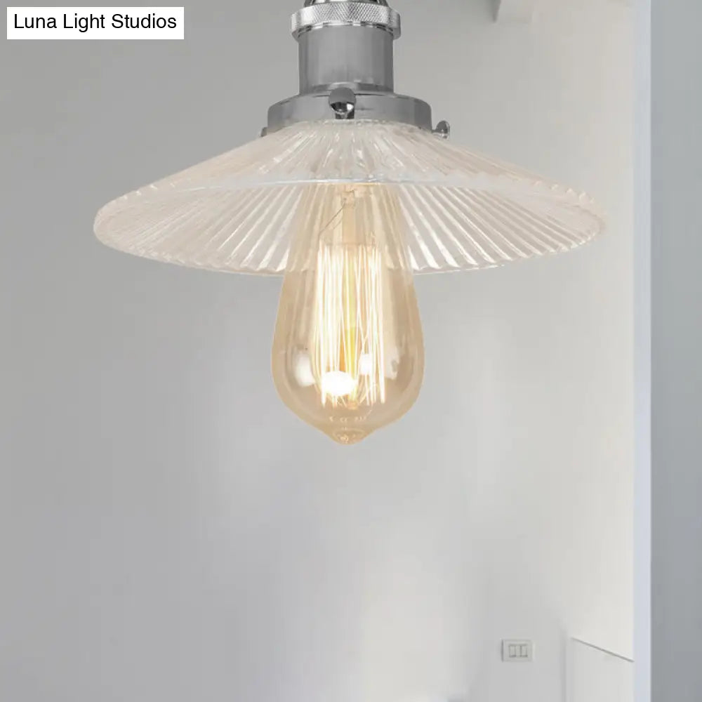 Semi Mount Ribbed Glass Cone Ceiling Light In Black/Brass/Copper - Industrial Style For Living Room