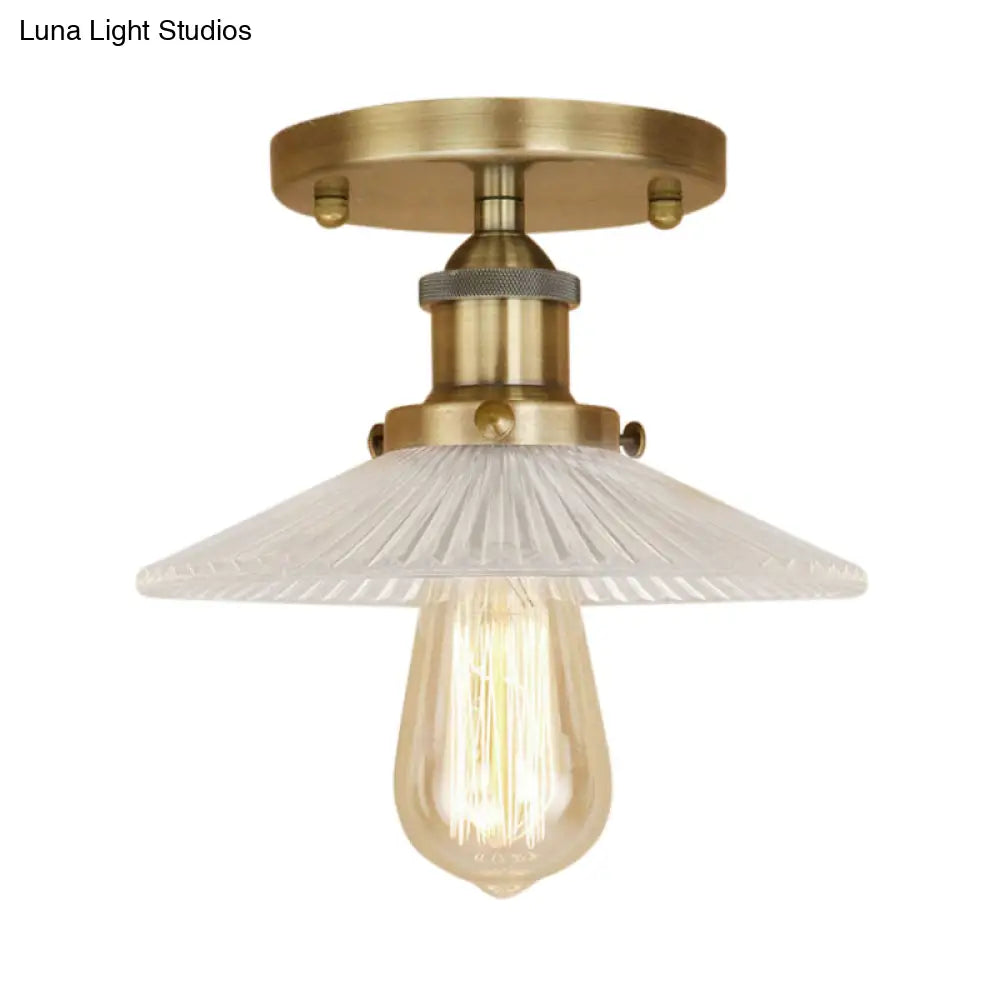Semi Mount Ribbed Glass Cone Ceiling Light In Black/Brass/Copper - Industrial Style For Living Room