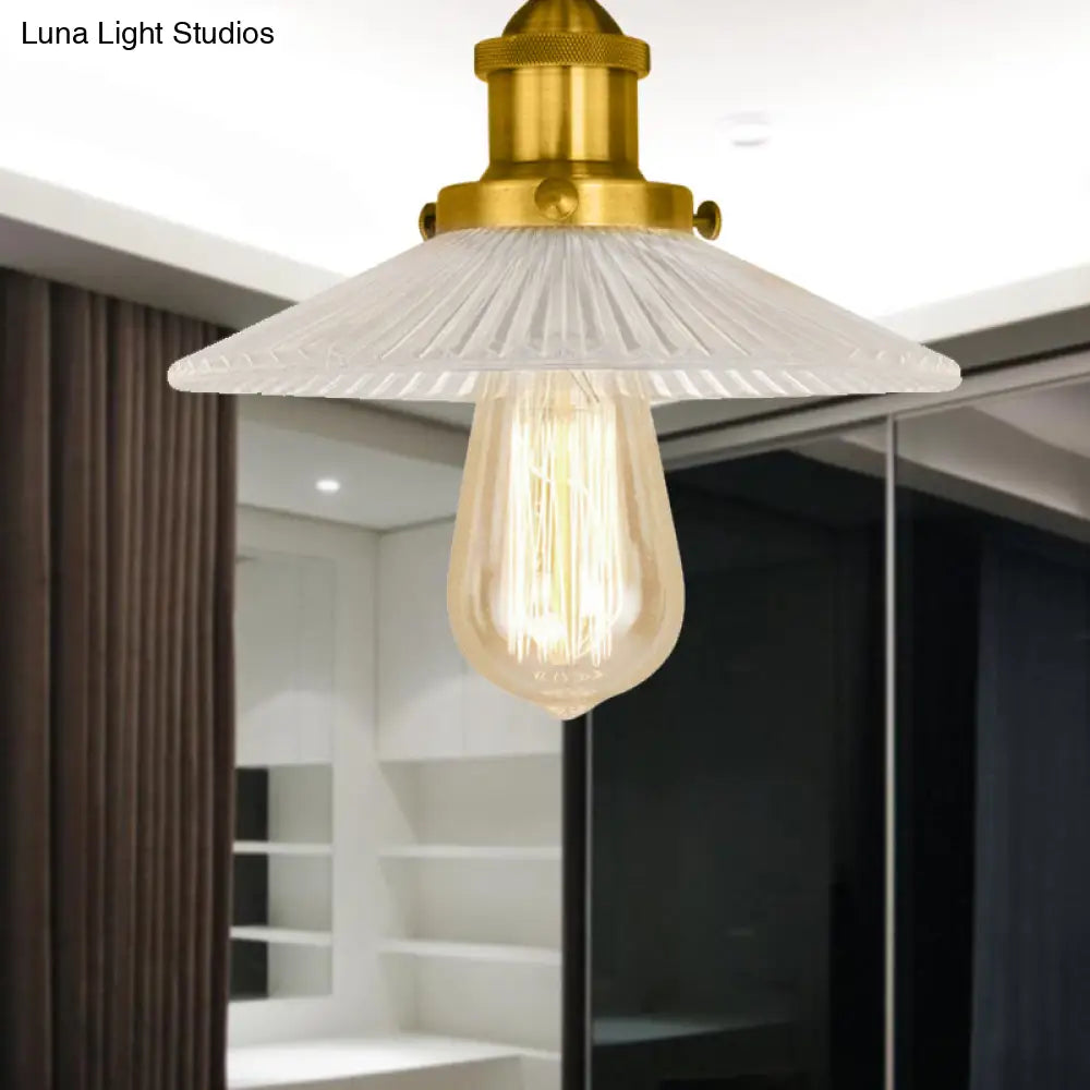 Semi Mount Ribbed Glass Cone Ceiling Light In Black/Brass/Copper - Industrial Style For Living Room