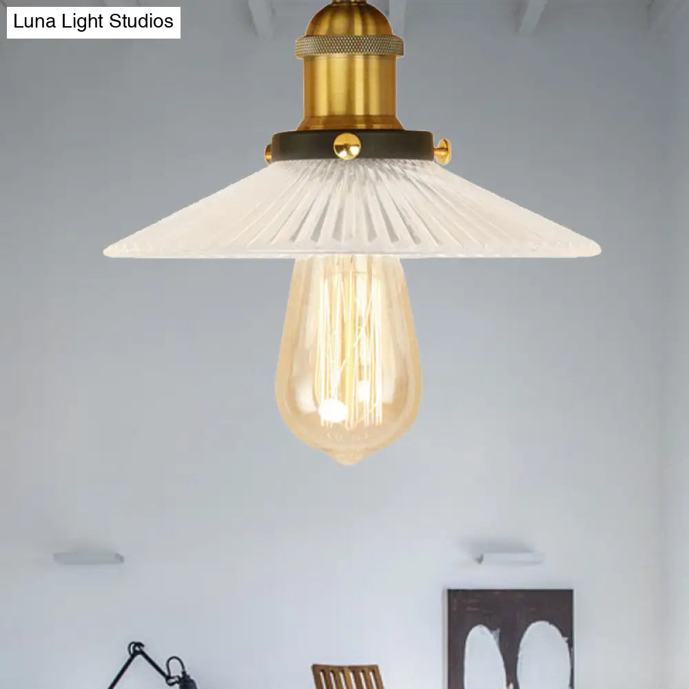 Semi Mount Ribbed Glass Cone Ceiling Light In Black/Brass/Copper - Industrial Style For Living Room