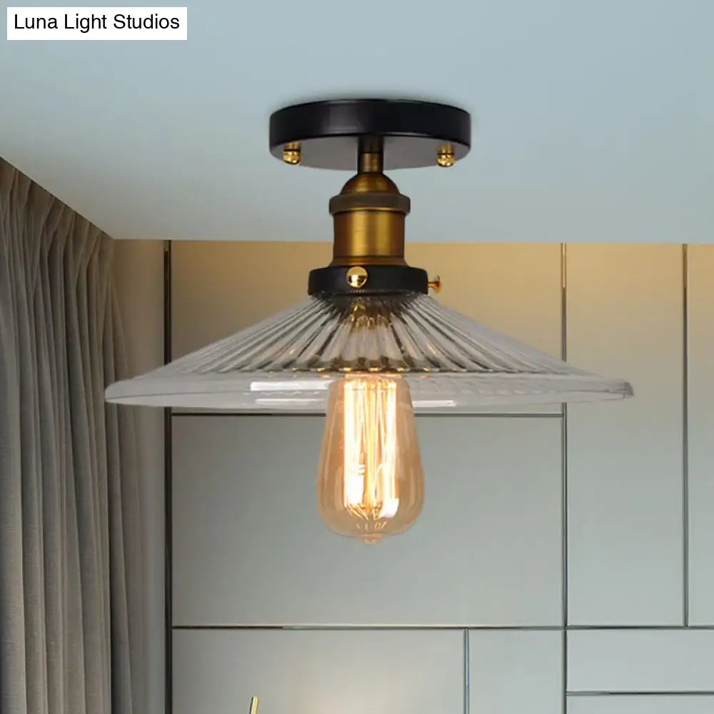 Semi Mount Ribbed Glass Cone Ceiling Light In Black/Brass/Copper - Industrial Style For Living Room