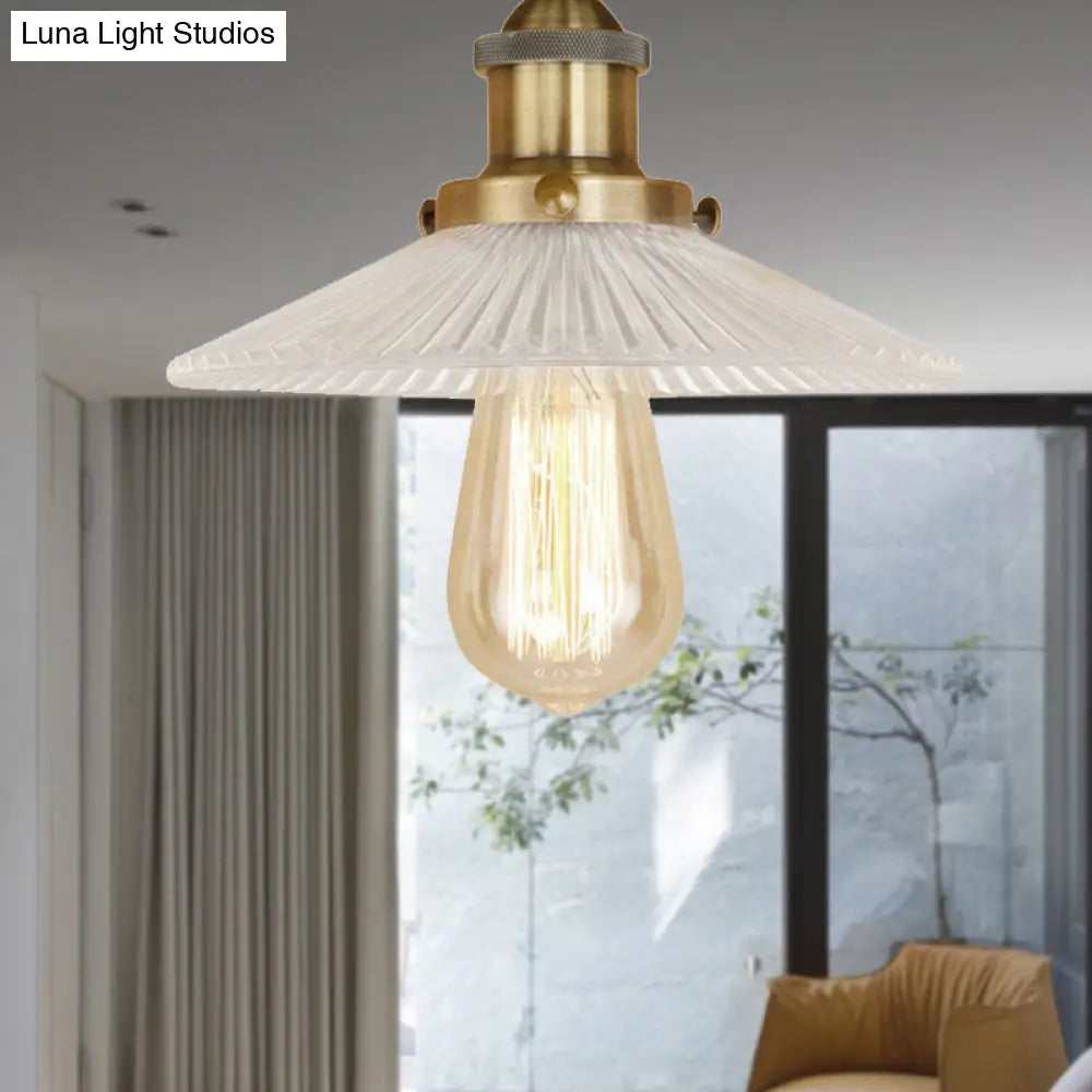 Semi Mount Ribbed Glass Cone Ceiling Light In Black/Brass/Copper - Industrial Style For Living Room