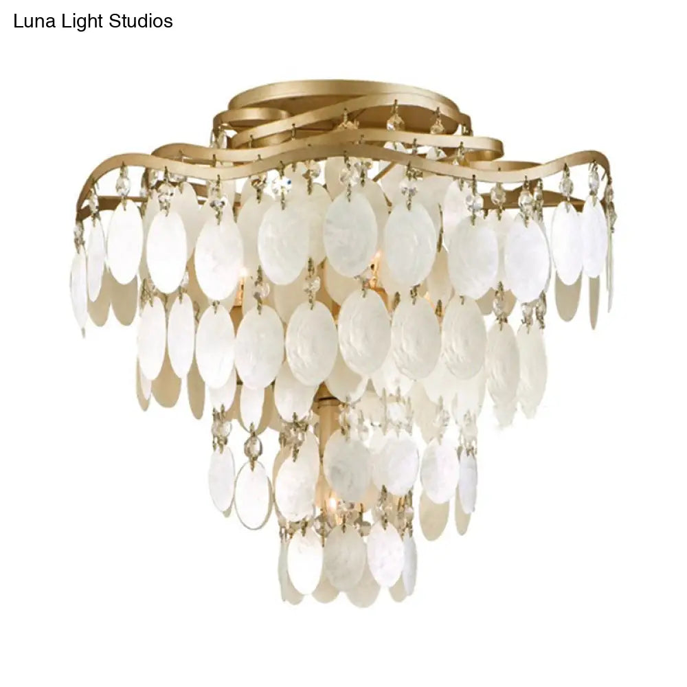 Shell Coastal Chandelier: 4 - Bulb Semi - Flush Fixture With Brass Finish