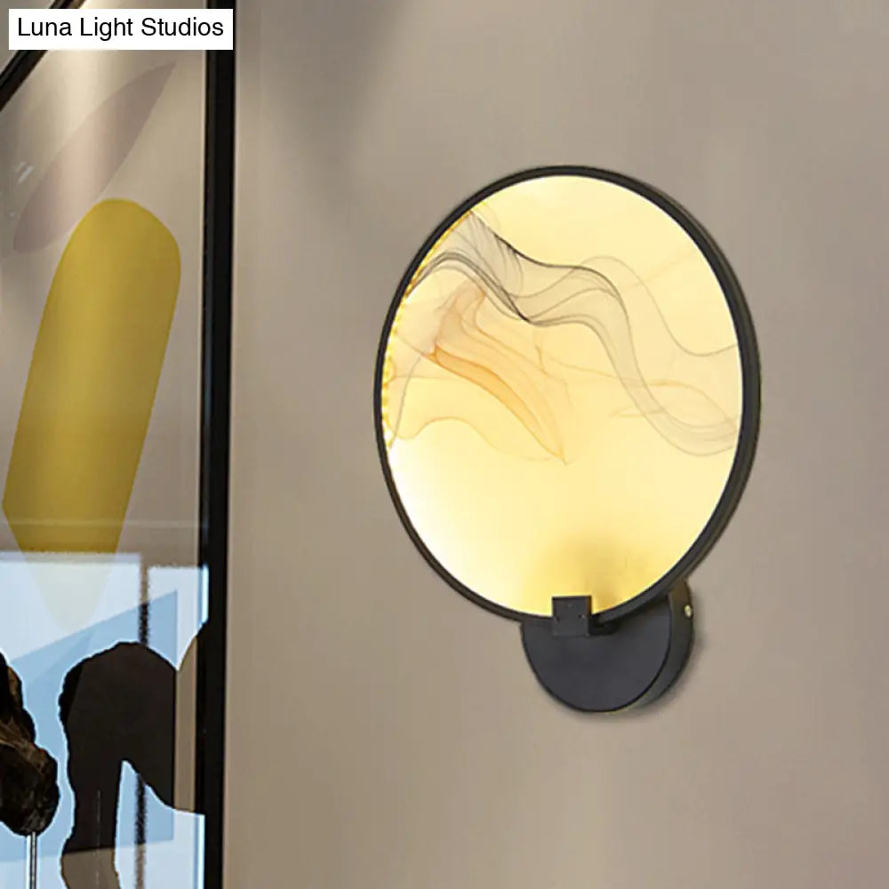 Silk Flush Wall Mural Sconce: Circle Design Led Mounted Lighting Fixture In Asia Fabric White/Beige