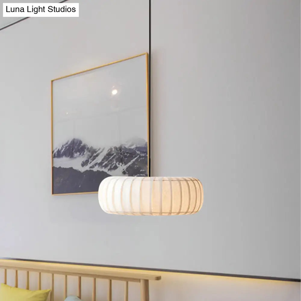 Simple 3-Bulb White Pendant Chandelier With Fabric Ribbed Wheel Design For Table