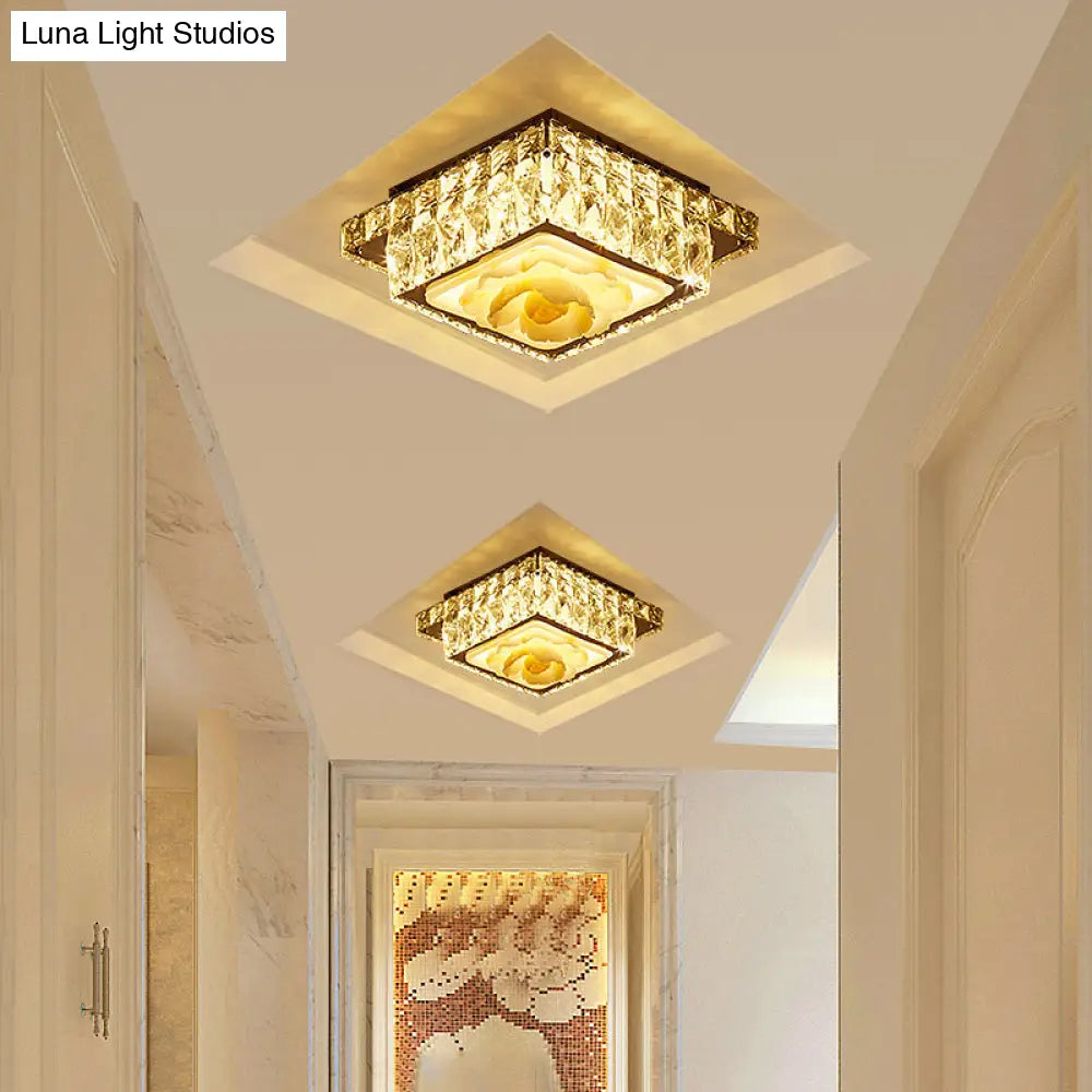 Simple Led Chrome Flush Mount Ceiling Lighting For Corridor - Crystal Block Round/Square Shape