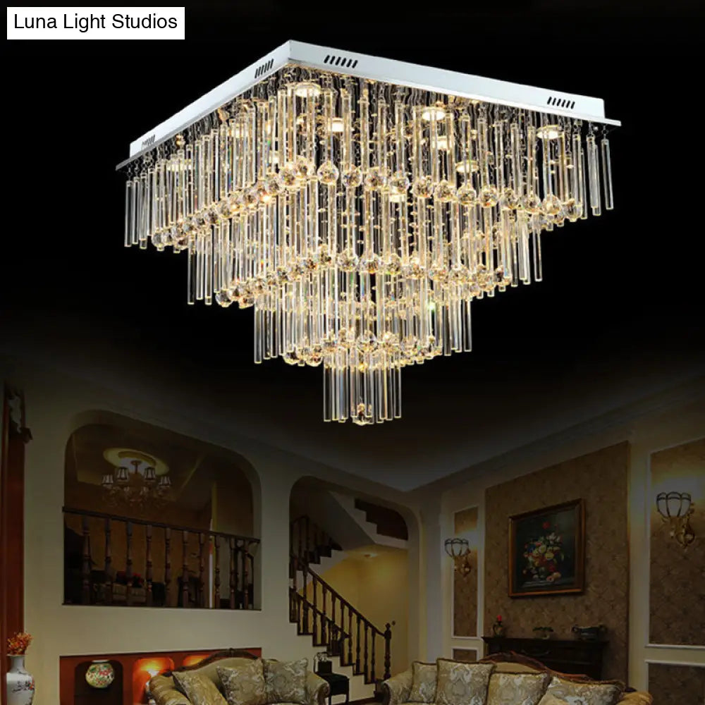 Simple Style Crystal Ceiling Mount Light - 12 Bulbs Flushmount Lighting Tiered Square Flute Design