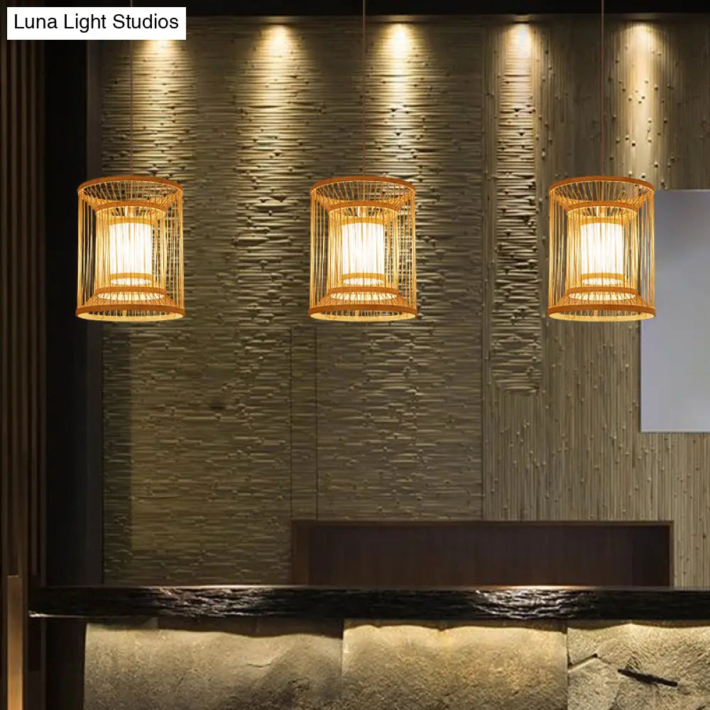 Simplicity Bamboo Tea Room Pendant Light: Cylindrical Suspension 1-Light Wood Fixture