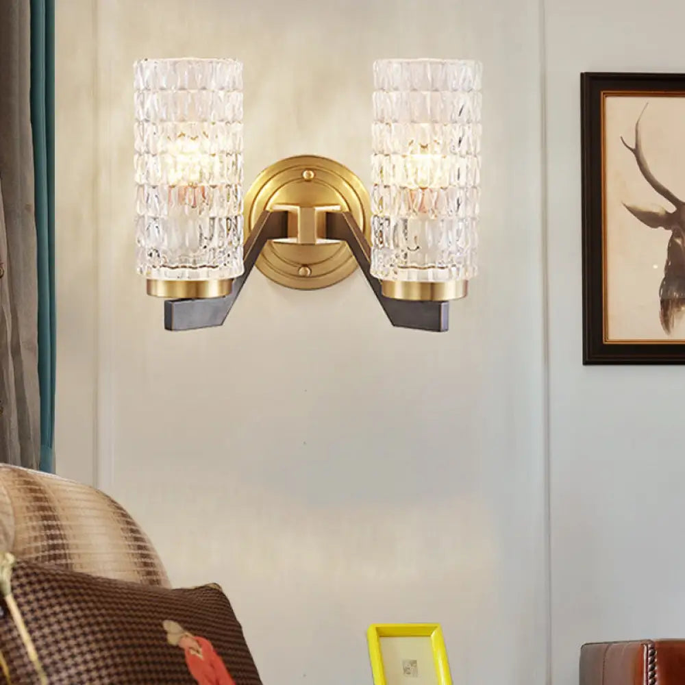 Simplicity Crystal Flush Wall Sconce With 2 Lights - Brass Bedside Fixture /