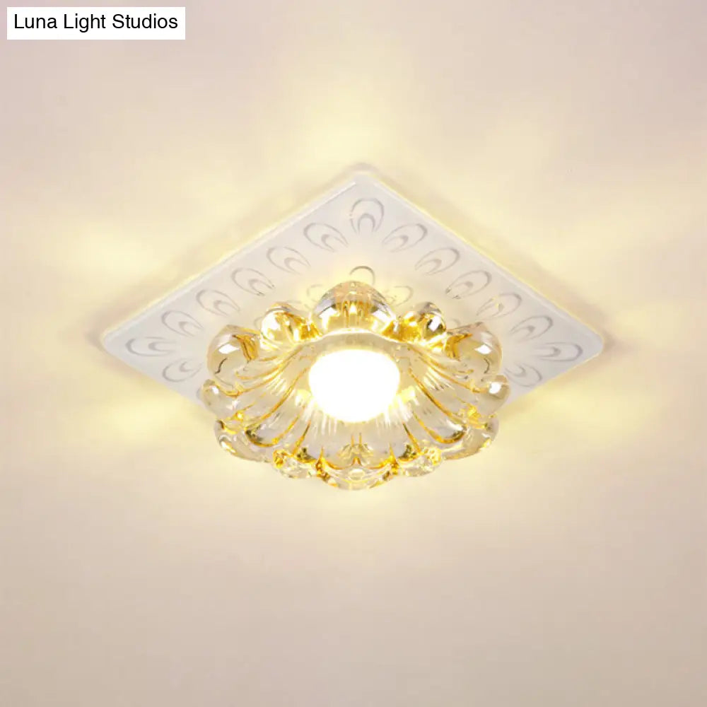 Simplicity Led Ceiling Light In White Round/Square Flushmount With Flower Crystal Shade - Warm/White