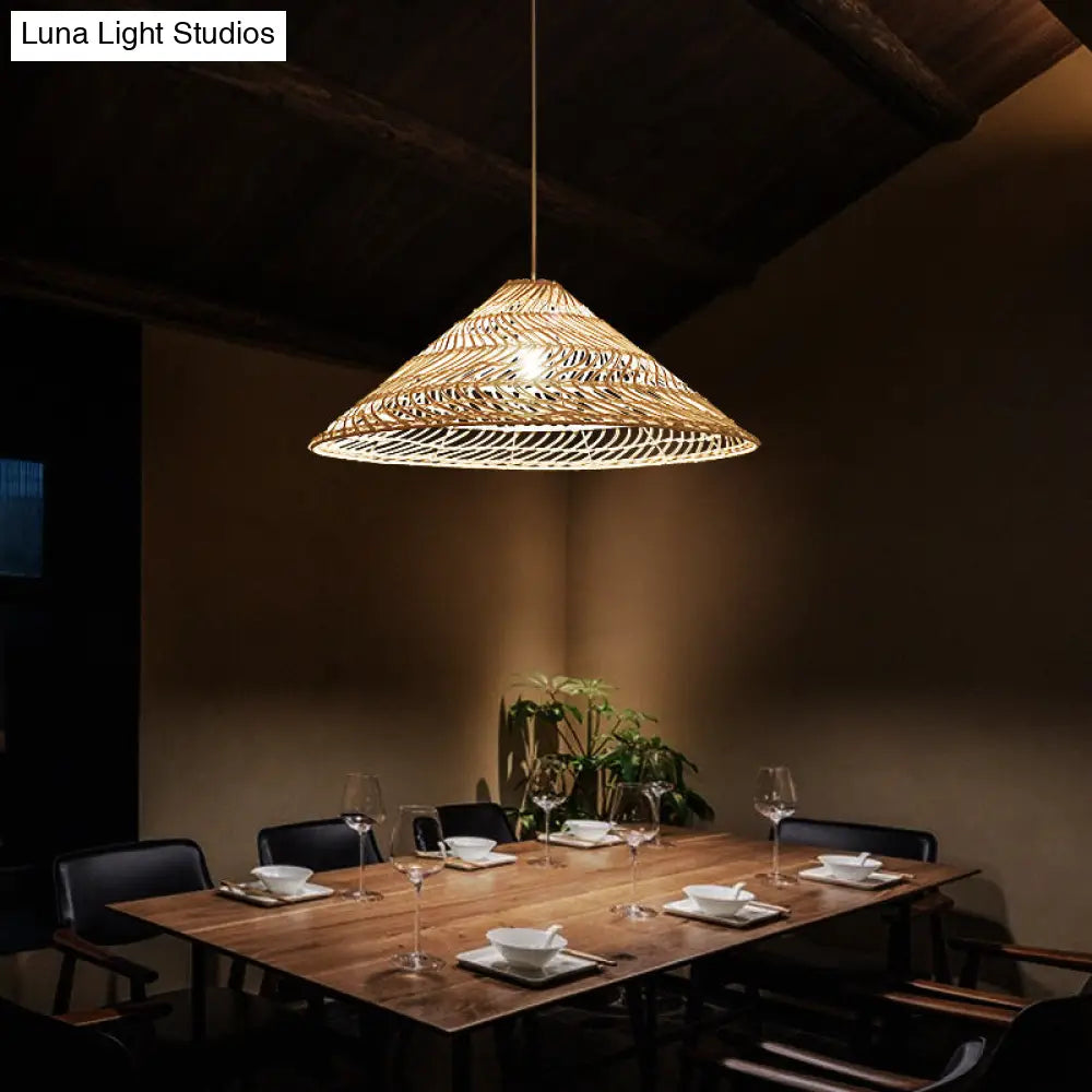 Simplicity Rattan Cone Suspension Light - Wood Pendant For Restaurants