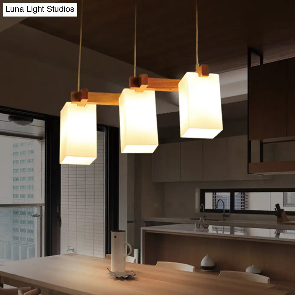 Simplicity Wood 3-Head Opaline Glass Rectangular Island Pendant Light