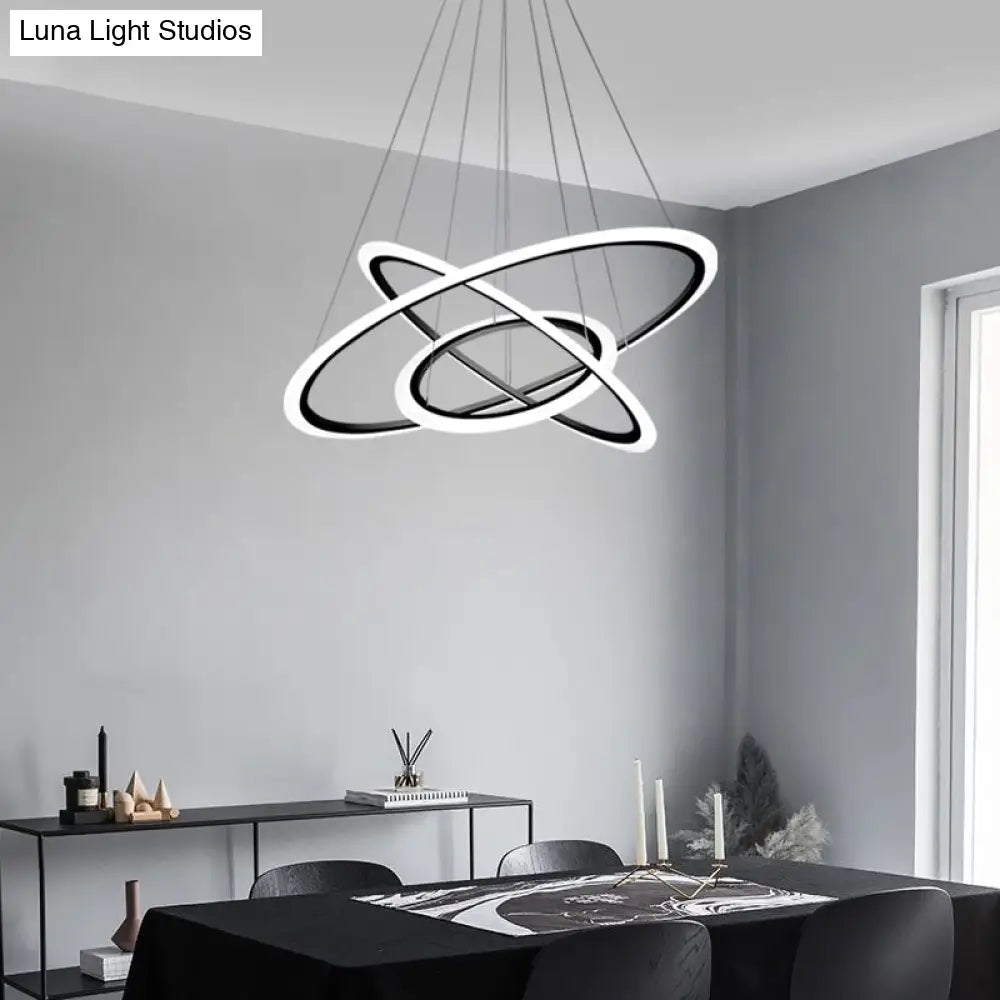 Sleek Acrylic 3-Head Black Led Chandelier - Circle Hanging Light For Dining Room