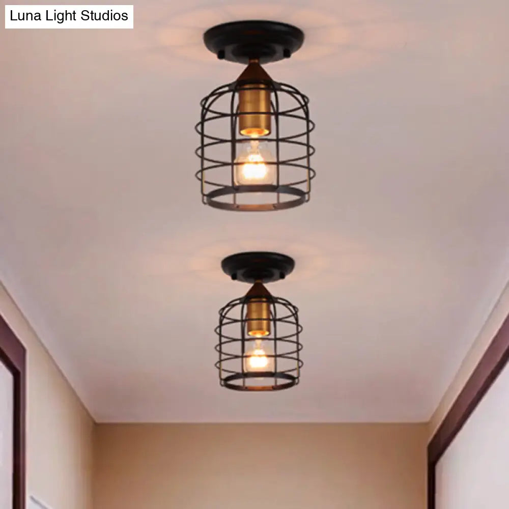 Sleek Black Industrial Metal Cylinder Semi Flush Light With Cage For Corridor - Ceiling Mounted