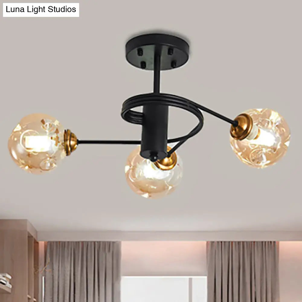 Sleek Black Modernist Semi-Flush Ceiling Light With Amber/Smoke Dimpled Glass Shades - Perfect For