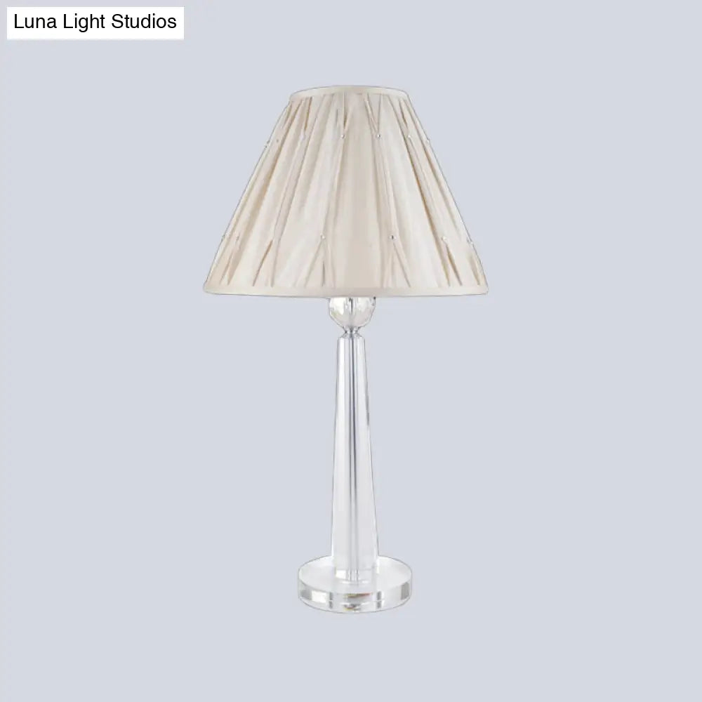 Sleek Crystal Task Lamp With Wide Flare Simplicity Fabric Beige Nightstand Light For Bedside