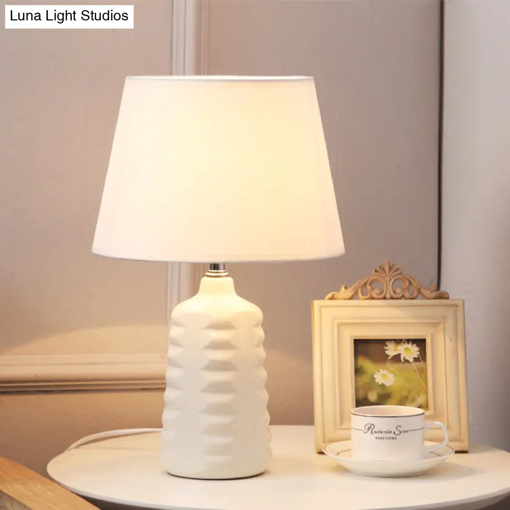 Sleek Fabric Cone Nightstand Lamp With White Ceramic Base - Perfect For Living Room Tables