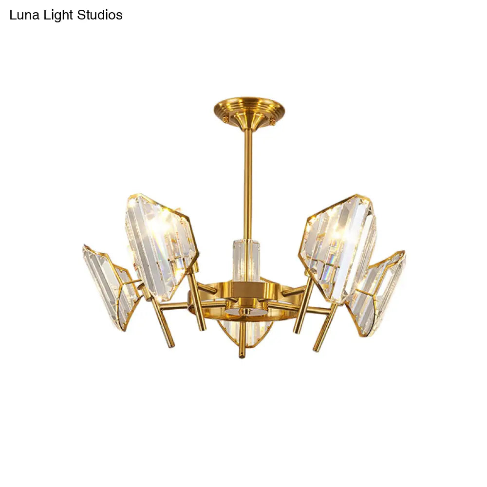 Sleek Gold Crystal Flush Mount Chandelier - Post - Modern Design With Curved Shade Semi Ceiling