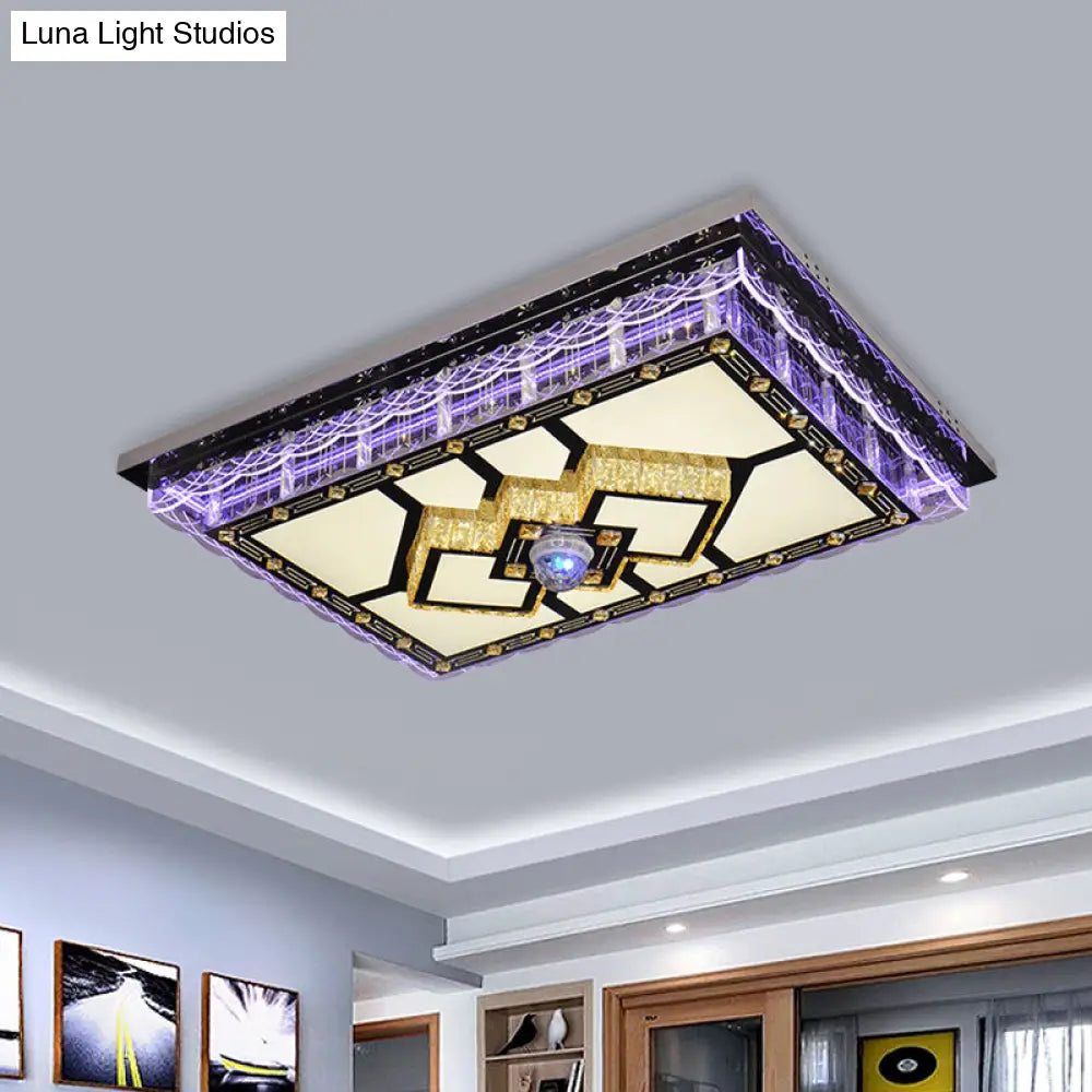 Sleek Led Crystal Flush Mount Ceiling Lamp With Chrome Accent - Modern Rectangle Design For Living