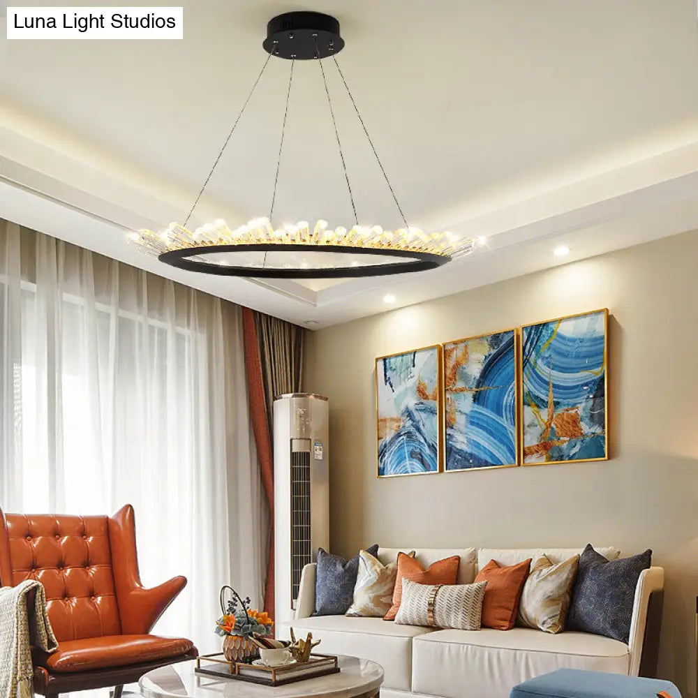 Sleek Led Ring Chandelier Crystal Pendant Light For Modern Living Rooms - Black