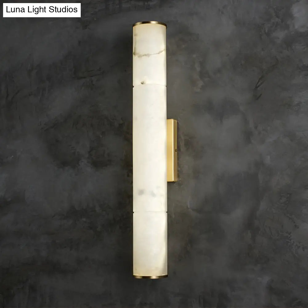 Sleek Marble Tube Led Sconce Light: Simplicity White & Brass Wall Lamp For Living Room