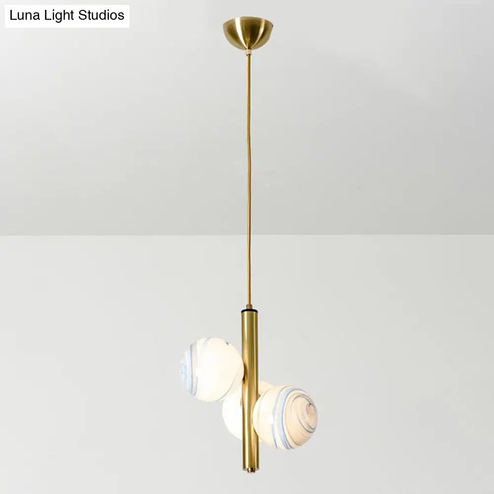 Sleek Minimalist Glass Chandelier - Modern Linear Fixture With 3 Spherical Frosted Lights
