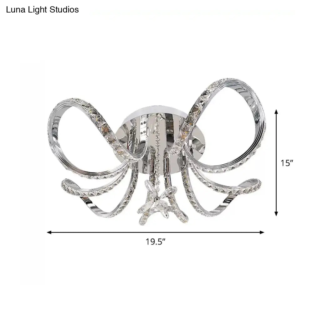 Sleek Nickel Led Curved Hoop Ceiling Light With Faceted Crystal Semi Flush Mount In Warm/White
