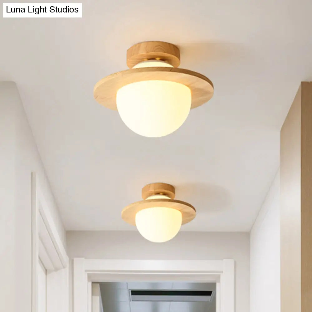 Sleek Semi Flush Mount Ceiling Lamp With Opal Frosted Glass And Wood Banding Belt