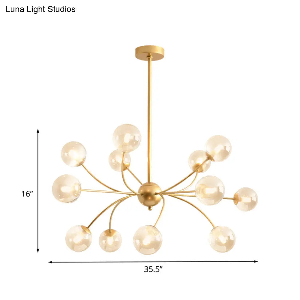 Sleek Spherical Chandelier: Postmodern Smoke Gray/Cognac Glass 15 Bulbs Gold Ceiling Fixture