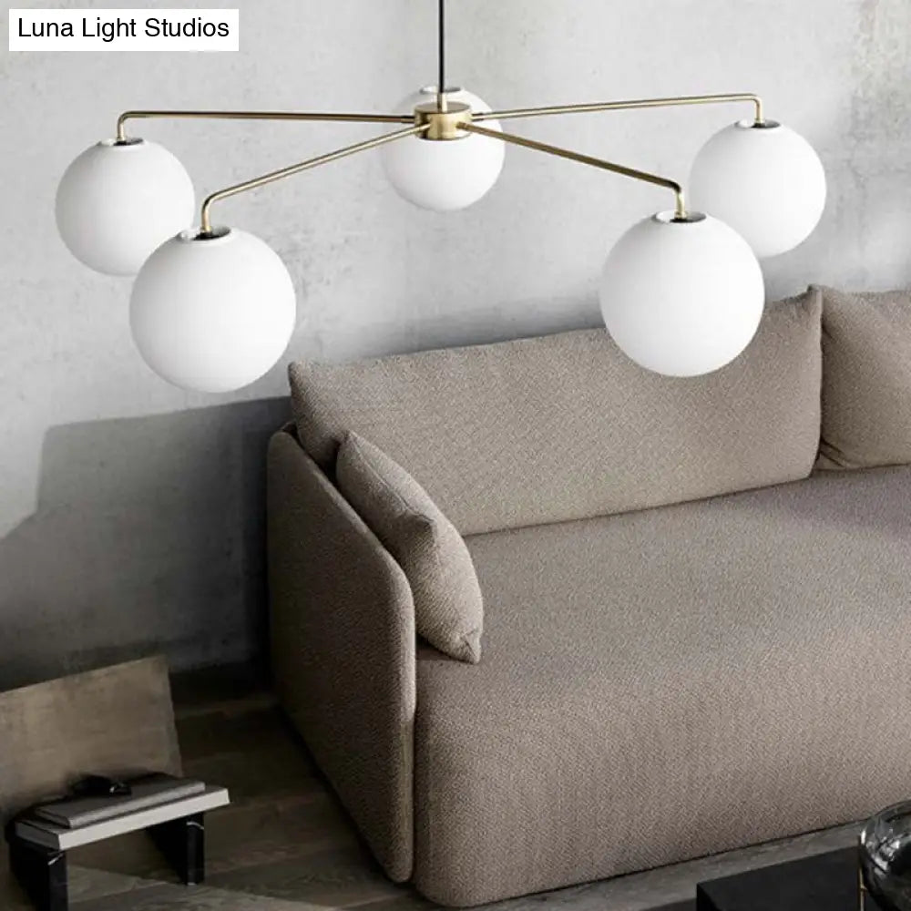 Sleek White Glass Spherical Chandelier - 5-Light Modern Minimalist Ceiling Fixture For Living Room