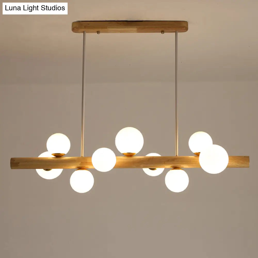 Sleek Wooden Led Ceiling Light: Linear Dining Room Island Chandelier With Cream Glass Shade