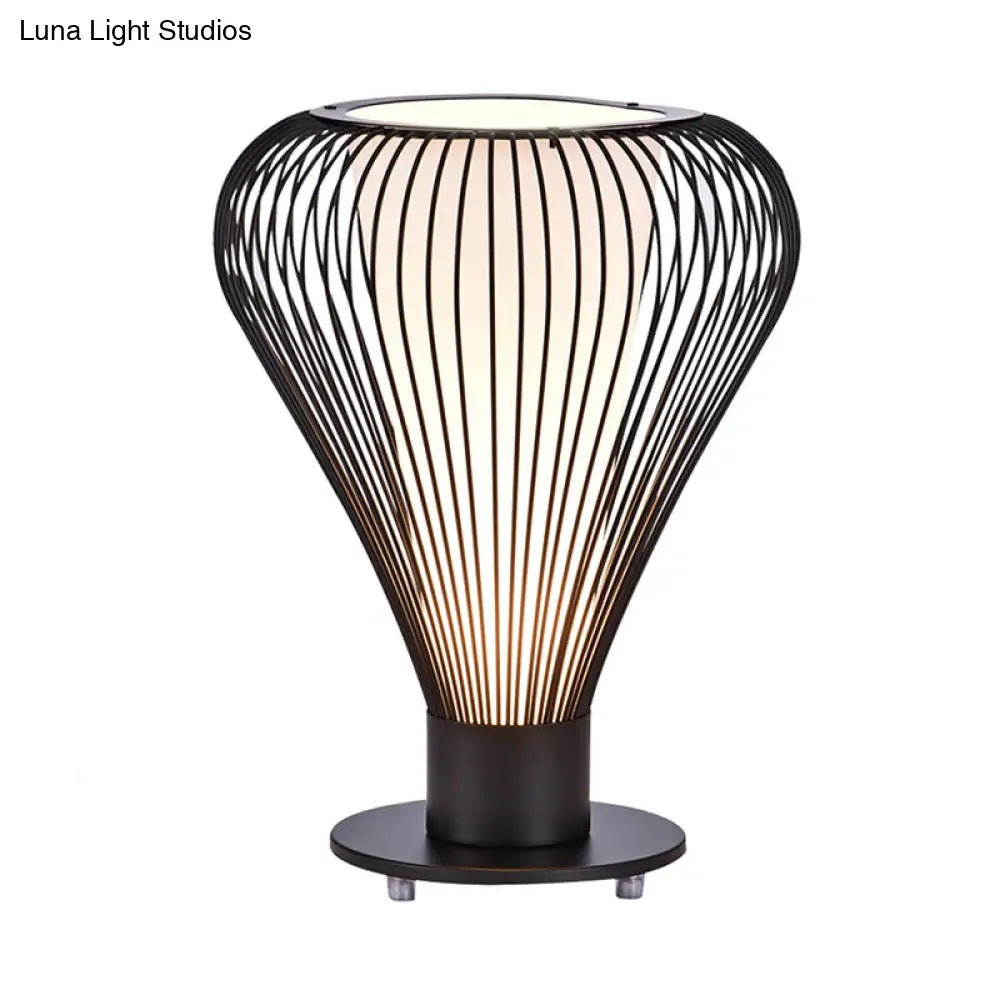 Small Desk Lamp With Led Reading Light Modern Iron Pear Cage Design Black Finish Cone White Glass