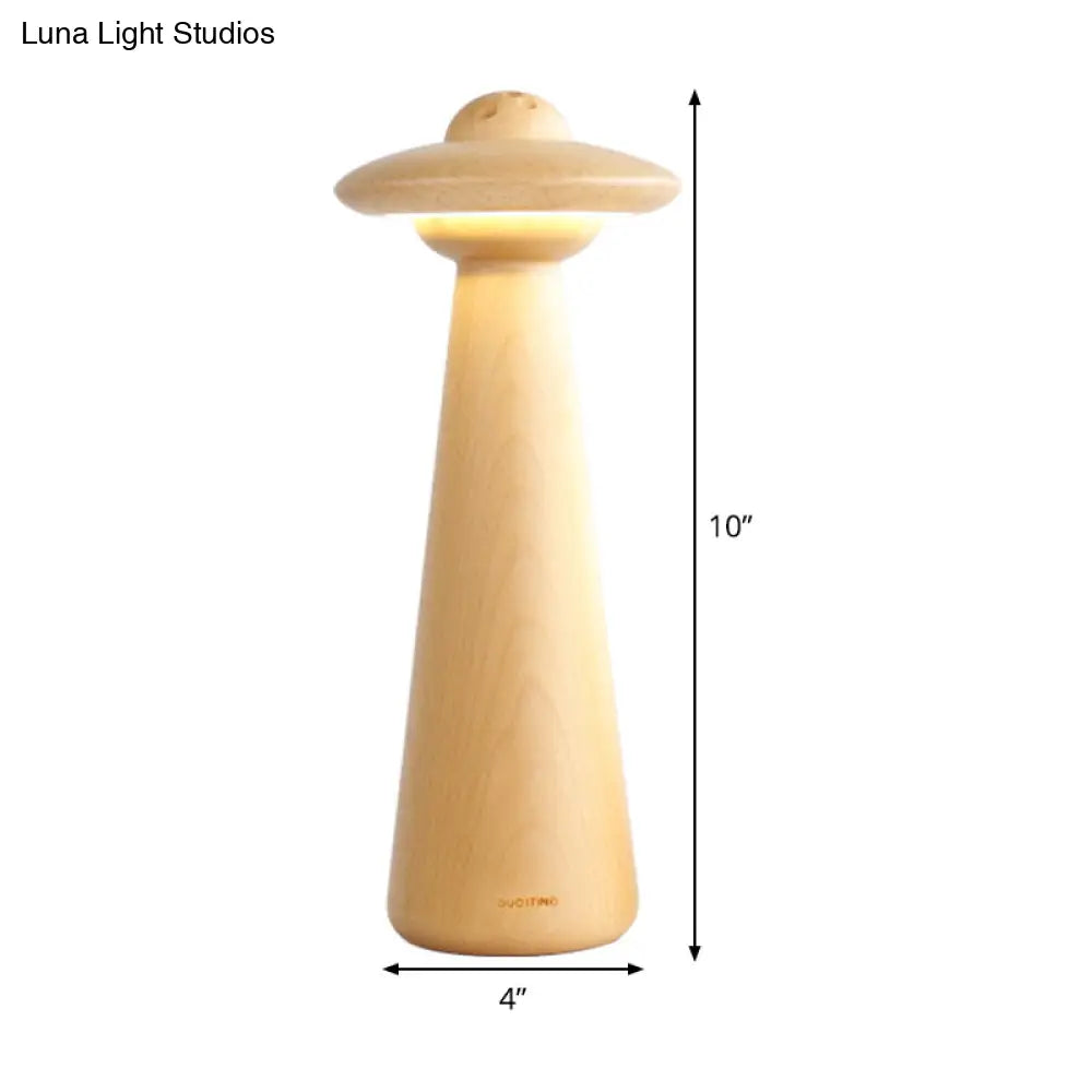 Small Wood Led Desk Lamp: Modernist Mushroom Table Light In Beige - Ideal For Living Room