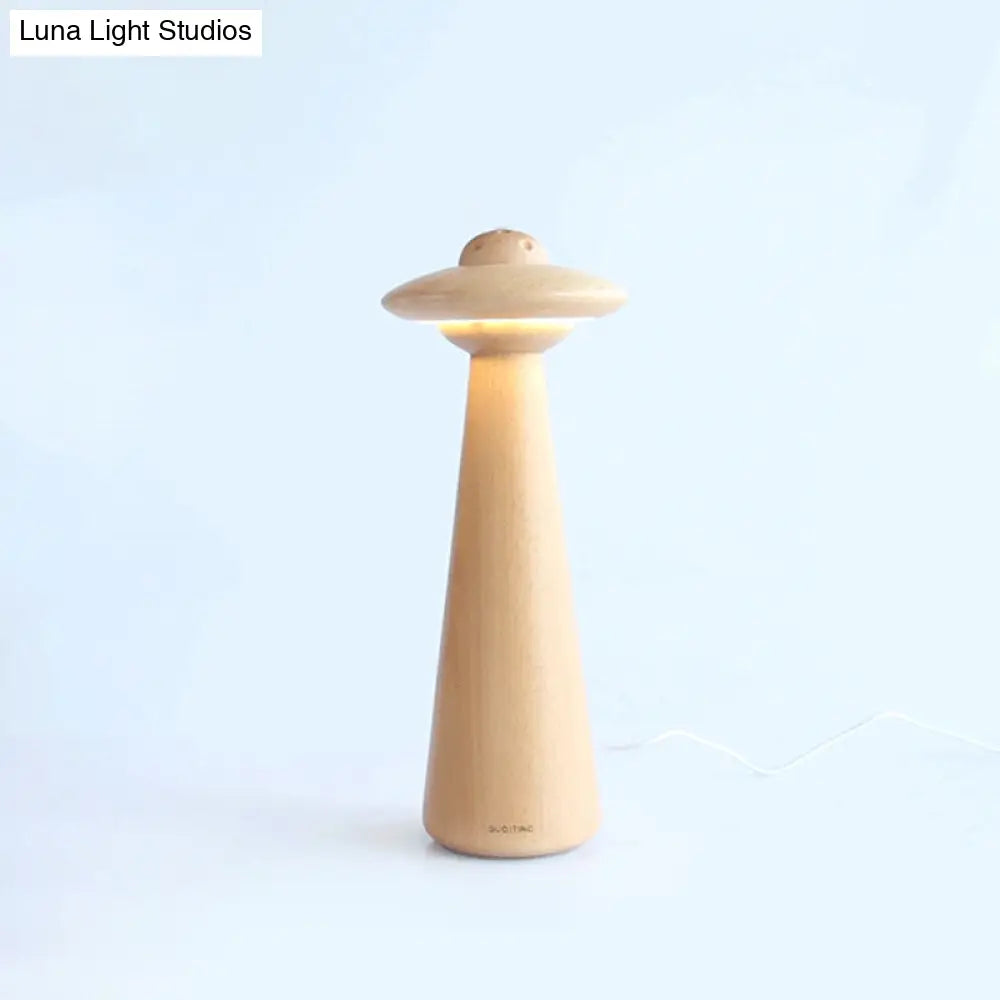 Small Wood Led Desk Lamp: Modernist Mushroom Table Light In Beige - Ideal For Living Room