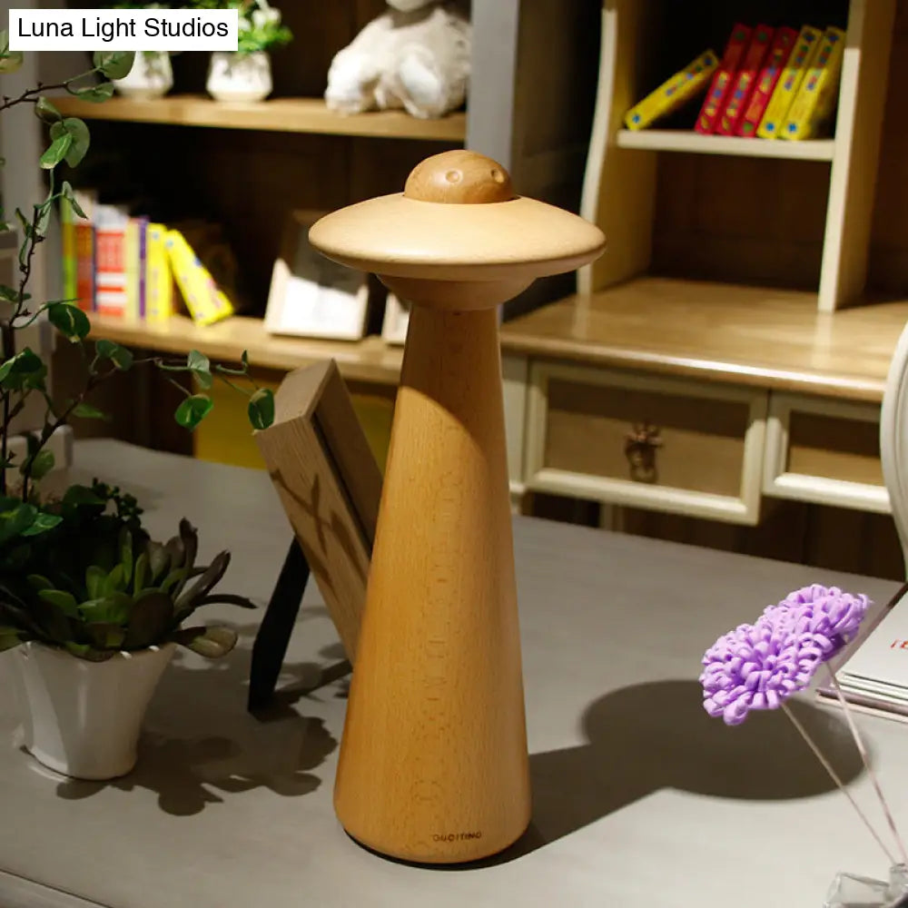 Small Wood Led Desk Lamp: Modernist Mushroom Table Light In Beige - Ideal For Living Room