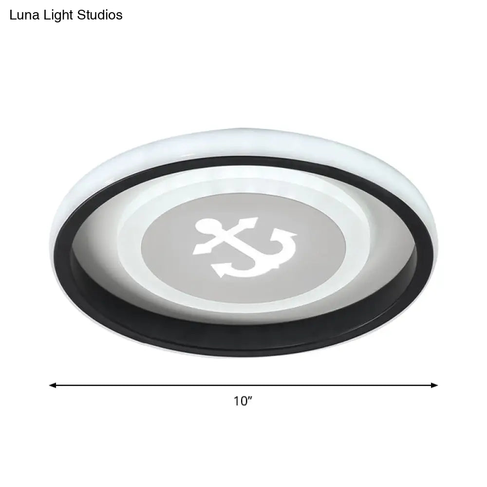 Smile/Anchor/Panda Pattern Circular Led Flush Ceiling Mount Lamp In Cartoon Acrylic Black