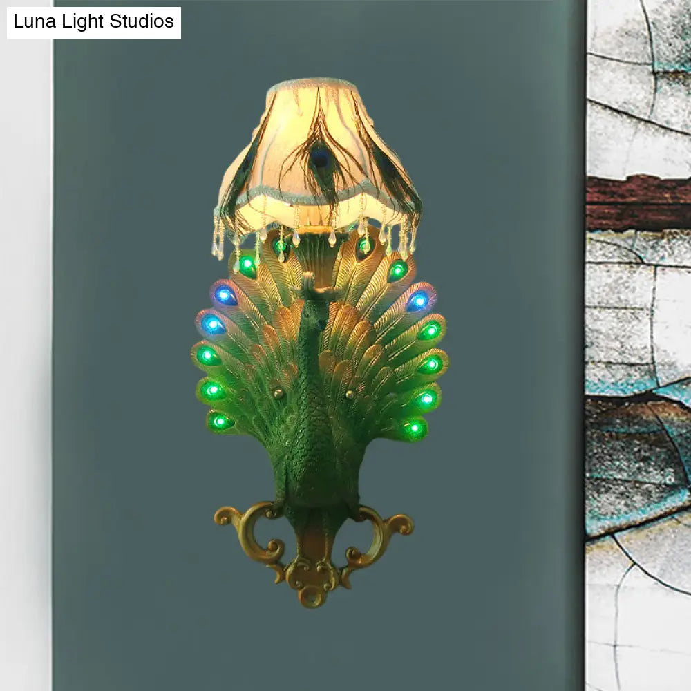 Southeast Asian Style Green Peacock Wall Sconce Light - Resin 1-Light Bedroom Mounted Fixture